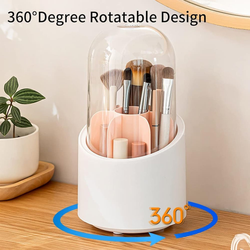 360° Degree Rotating Makeup Brush Holder with Dustproof Lid | Cosmetic Brush Case | Countertop Brushes Holder