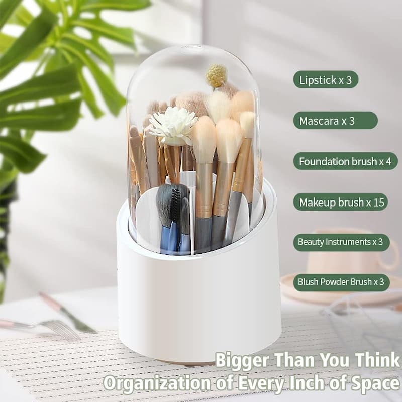 360° Degree Rotating Makeup Brush Holder with Dustproof Lid | Cosmetic Brush Case | Countertop Brushes Holder