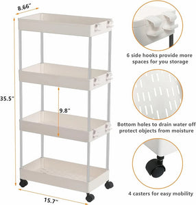 4 Layer Plastic Rolling Utility Cart Slide Out Narrow Kitchen Storage Trolley Rack with Caster Wheels, Storage Shelves Space Saving Home Storage Organizer Racks