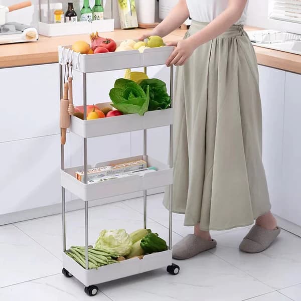 4 Layer Plastic Rolling Utility Cart Slide Out Narrow Kitchen Storage Trolley Rack with Caster Wheels, Storage Shelves Space Saving Home Storage Organizer Racks