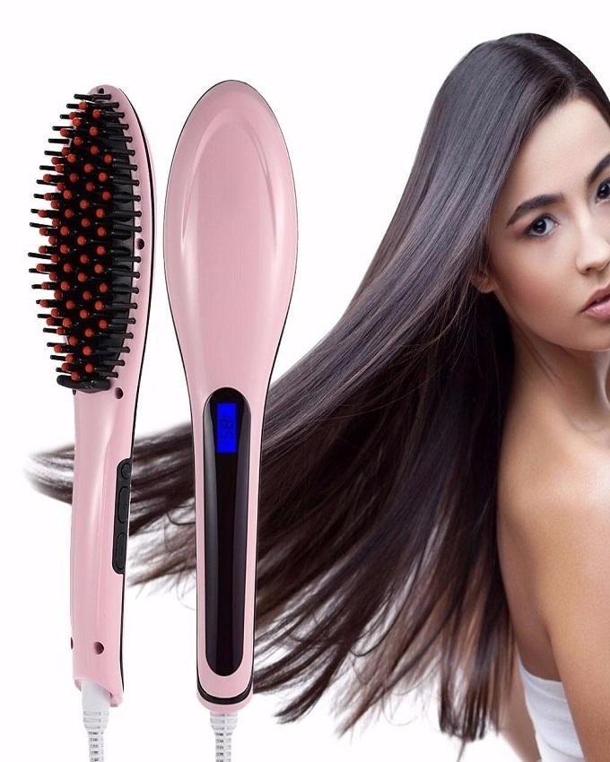 FAST HQT-906 - Electric Hair Straightener Brush - Pink