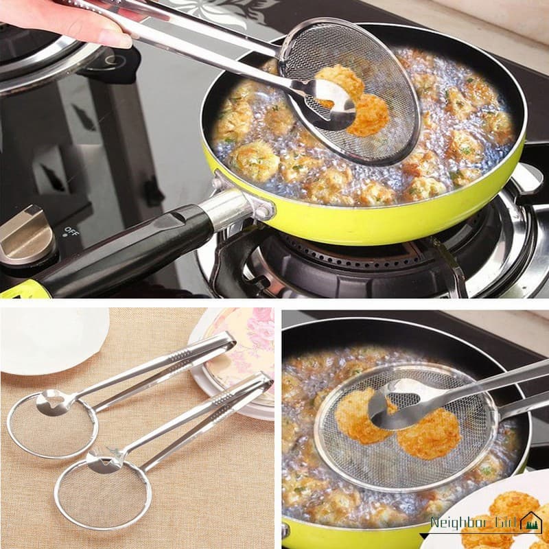 Pack of 2 Frying Tong 2 in 1 Fry Tool Filter Spoon Strainer With Clip,Oil Frying BBQ Filter Stainless Steel Mesh Strainer