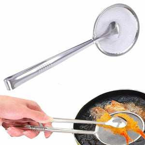 Pack of 2 Frying Tong 2 in 1 Fry Tool Filter Spoon Strainer With Clip,Oil Frying BBQ Filter Stainless Steel Mesh Strainer