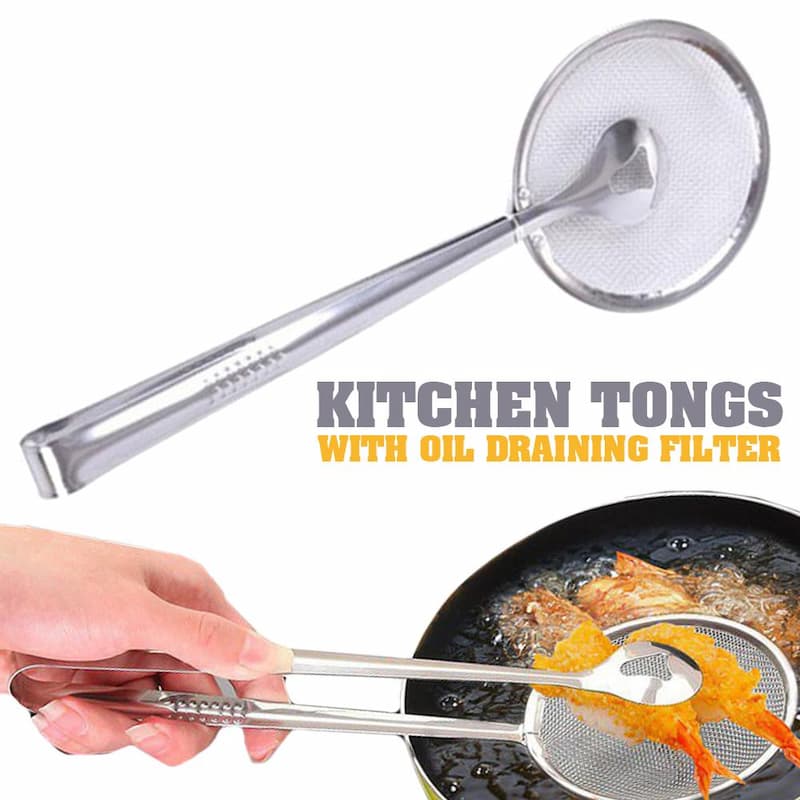 Pack of 2 Frying Tong 2 in 1 Fry Tool Filter Spoon Strainer With Clip,Oil Frying BBQ Filter Stainless Steel Mesh Strainer