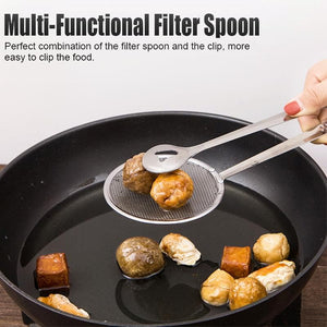 Pack of 2 Frying Tong 2 in 1 Fry Tool Filter Spoon Strainer With Clip,Oil Frying BBQ Filter Stainless Steel Mesh Strainer