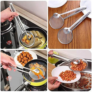 Pack of 2 Frying Tong 2 in 1 Fry Tool Filter Spoon Strainer With Clip,Oil Frying BBQ Filter Stainless Steel Mesh Strainer