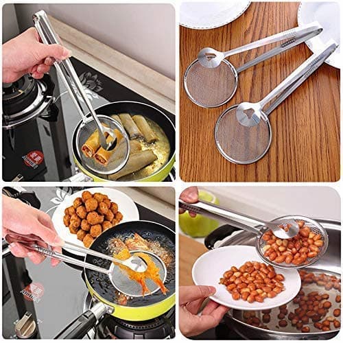 Pack of 2 Frying Tong 2 in 1 Fry Tool Filter Spoon Strainer With Clip,Oil Frying BBQ Filter Stainless Steel Mesh Strainer