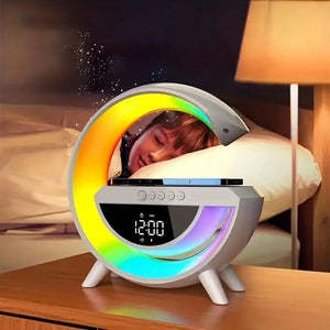 G Lamp Speaker With Digital Clock, RGB Multifunction Wireless Charger Alarm Clock Speaker, Home Decor Smart Lamp