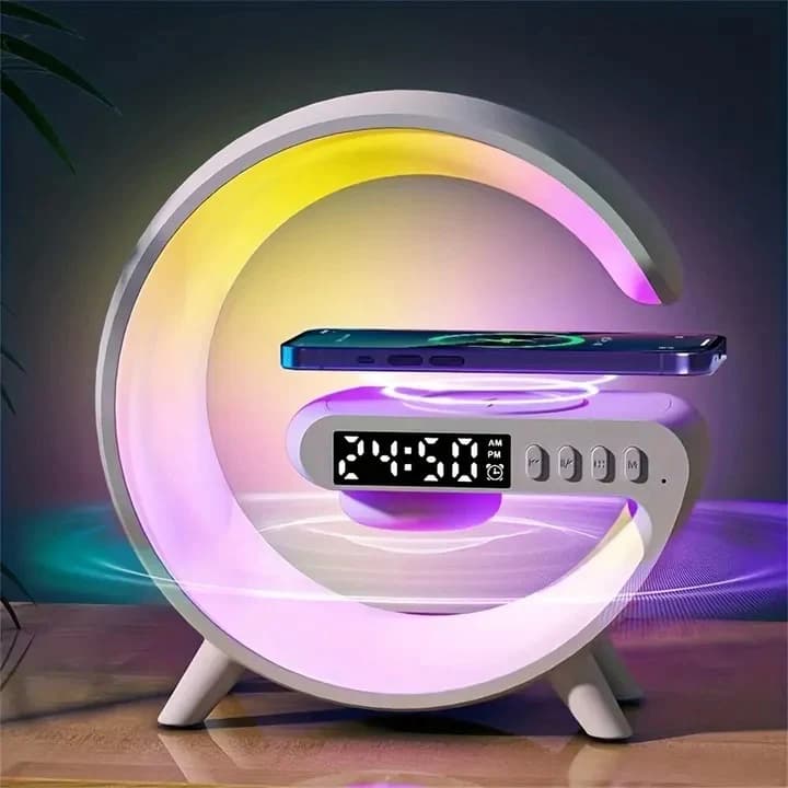 G Lamp Speaker With Digital Clock, RGB Multifunction Wireless Charger Alarm Clock Speaker, Home Decor Smart Lamp