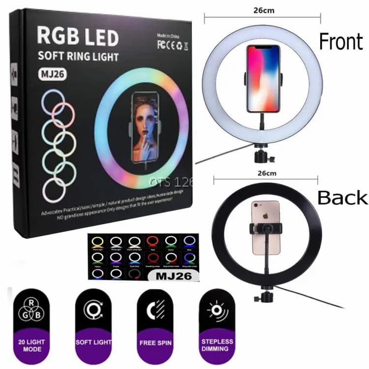 MJ26 10 Inch RGB Led Ring Light With PHONE HOLDER (STAND IS NOT INCLUDED) Circle Ring Selfie Led Photographic Studio Light For Youtube Live Show