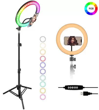 MJ33 RGB LED Soft Ring Light 33CM With 7ft Tripod Stand & Phone Holder USB Plug for tiktok youtube vlogging makeup