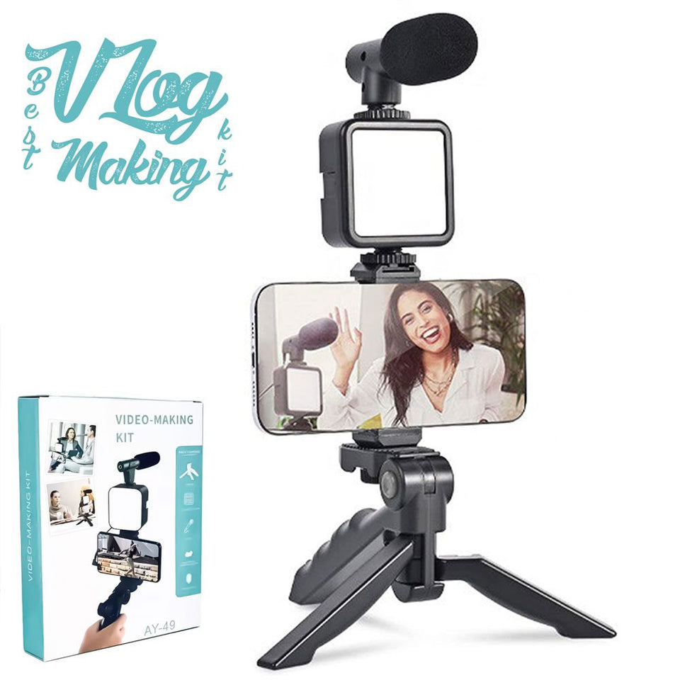 Mobile Vlogging Kit Video Making kit, with tripod stand, Microphone, Led Light, Mobile Holder ALL IN ONE VLOGGING Kit Tripod Shoot Video Making Vlogging Kit Tripod with Remote