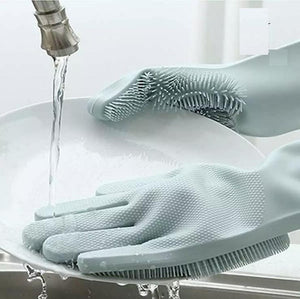 Reusable Silicone Magic Washing Gloves Pair with Scrubber for Kitchen, Bathroom, Car, Pet and Multipurpose Cleaning and Washing