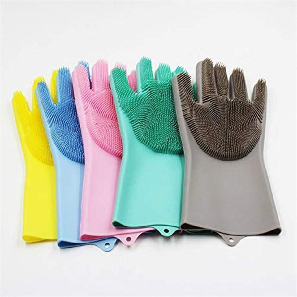 Reusable Silicone Magic Washing Gloves Pair with Scrubber for Kitchen, Bathroom, Car, Pet and Multipurpose Cleaning and Washing