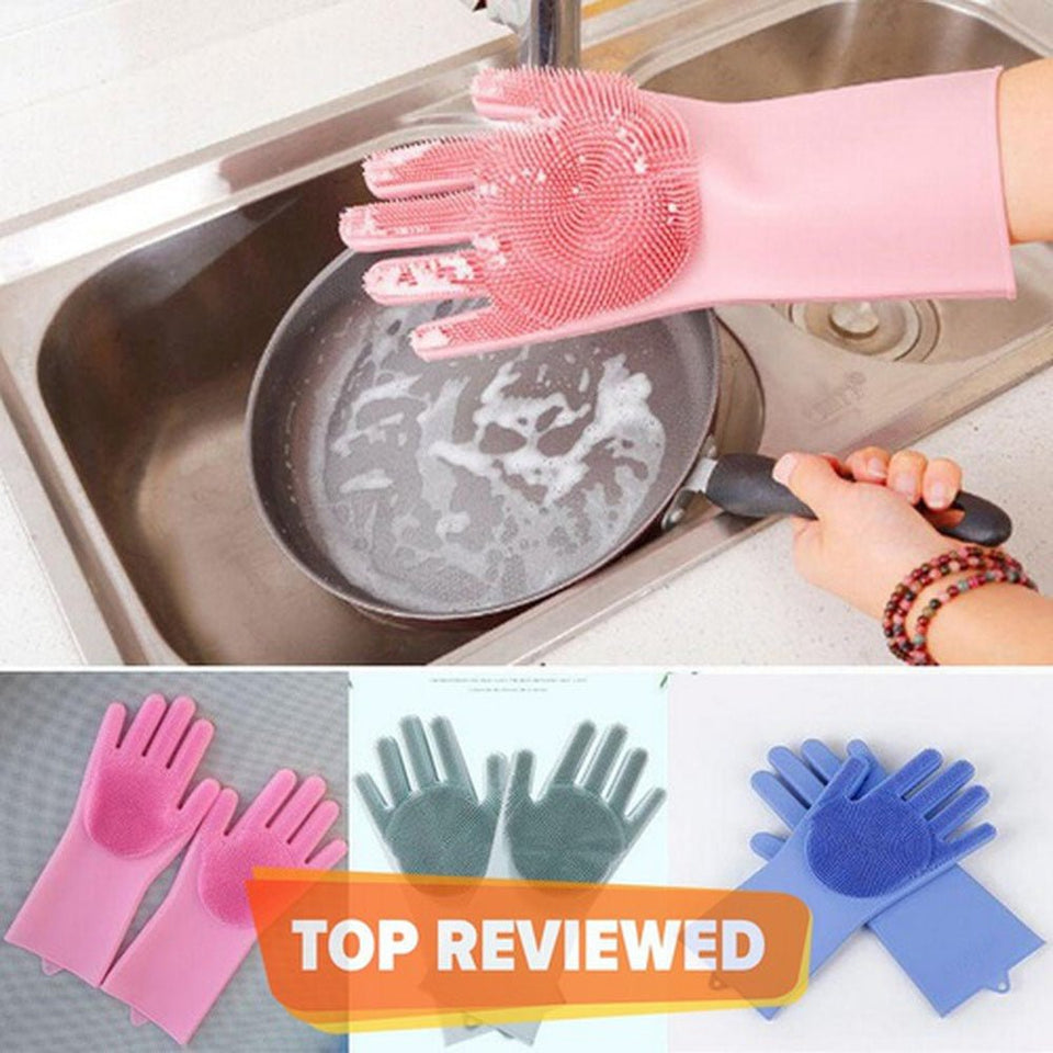 Reusable Silicone Magic Washing Gloves Pair with Scrubber for Kitchen, Bathroom, Car, Pet and Multipurpose Cleaning and Washing