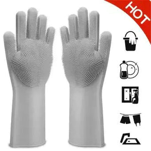 Reusable Silicone Magic Washing Gloves Pair with Scrubber for Kitchen, Bathroom, Car, Pet and Multipurpose Cleaning and Washing