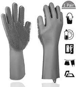 Reusable Silicone Magic Washing Gloves Pair with Scrubber for Kitchen, Bathroom, Car, Pet and Multipurpose Cleaning and Washing