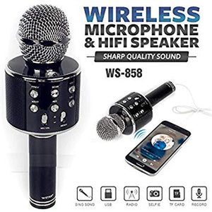 WS 858 Mic and Hifi Speaker Voice Changer Microphone Portable Speaker and Wireless Bluetooth Microphone Multi color