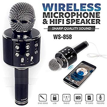 WS 858 Mic and Hifi Speaker Voice Changer Microphone Portable Speaker and Wireless Bluetooth Microphone Multi color