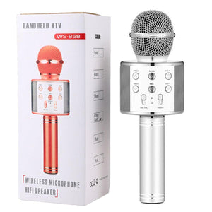 WS 858 Mic and Hifi Speaker Voice Changer Microphone Portable Speaker and Wireless Bluetooth Microphone Multi color